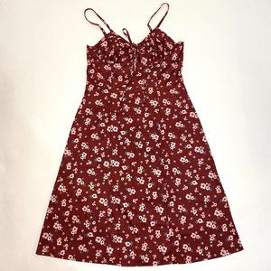 Cbr Burgundy Floral Print Back Zip Side Split Sleeveless Dress Women Size L